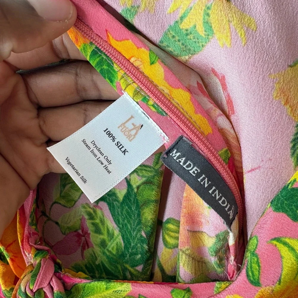 La Fuori Skirt Pink‎ Floral Print Silk Maxi Skirt w Drawstring Ruched